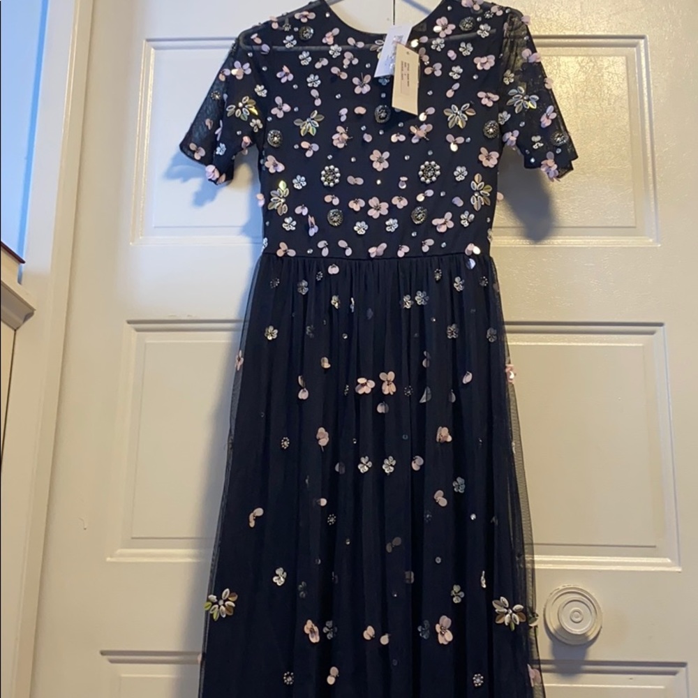 TFNC Navy Floral Embroidered Midi Dress